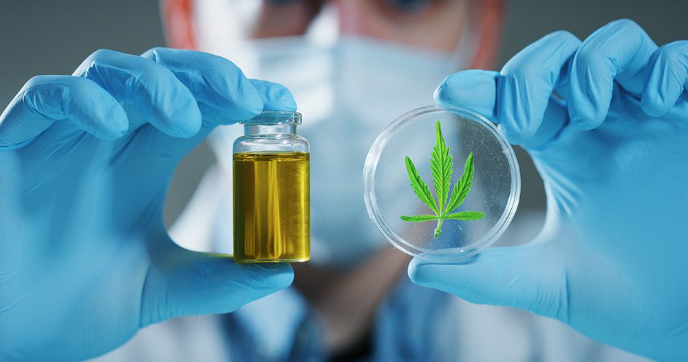 A person holding up a container of oil and a leaf.
