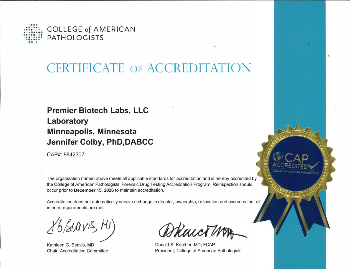 Premier Biotech CAP certificate of accreditation 2026