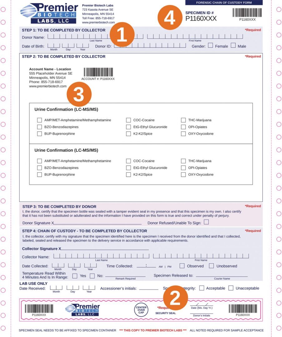 OralTox drug test chain of custody form with steps