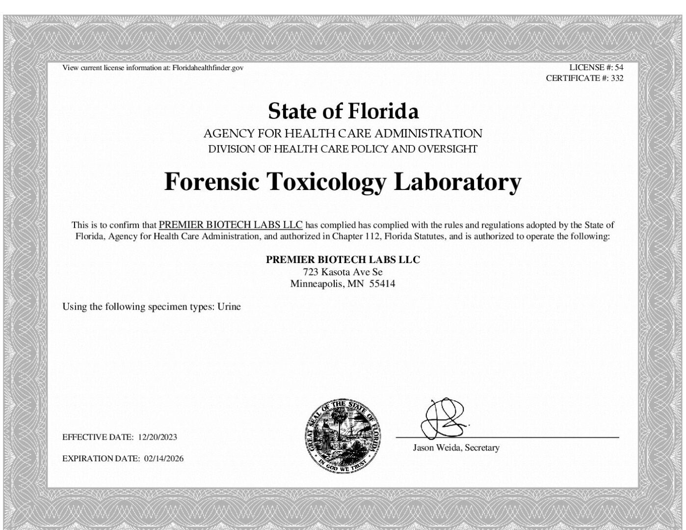 Premier Biotech Florida laboratory license renewal