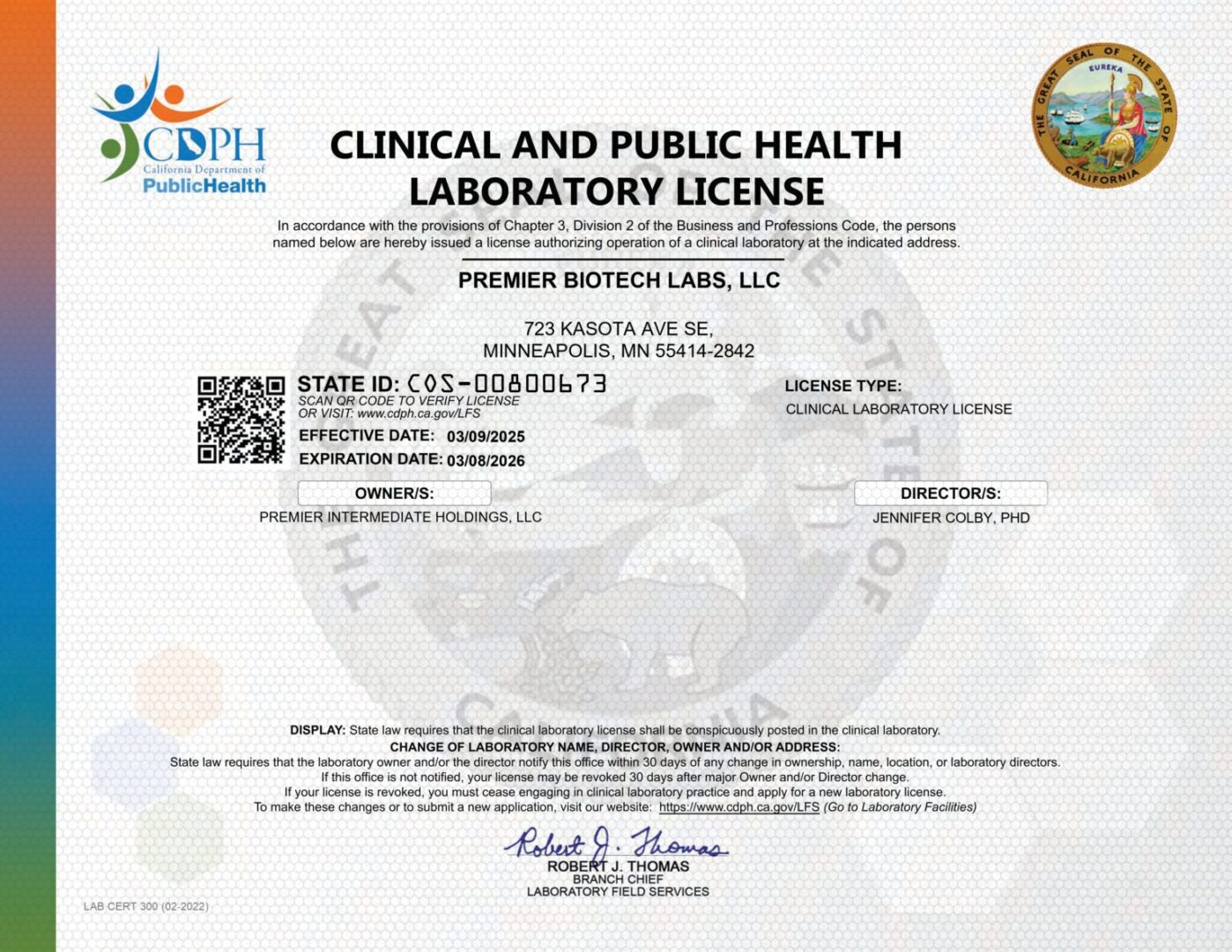 Premier Biotech laboratory license certificate 2025