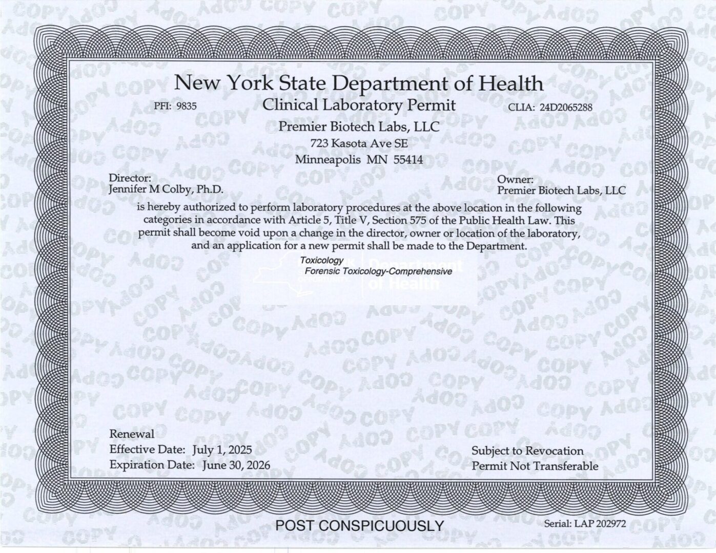 Premier Biotech New York CLEP laboratory license 2025-2026