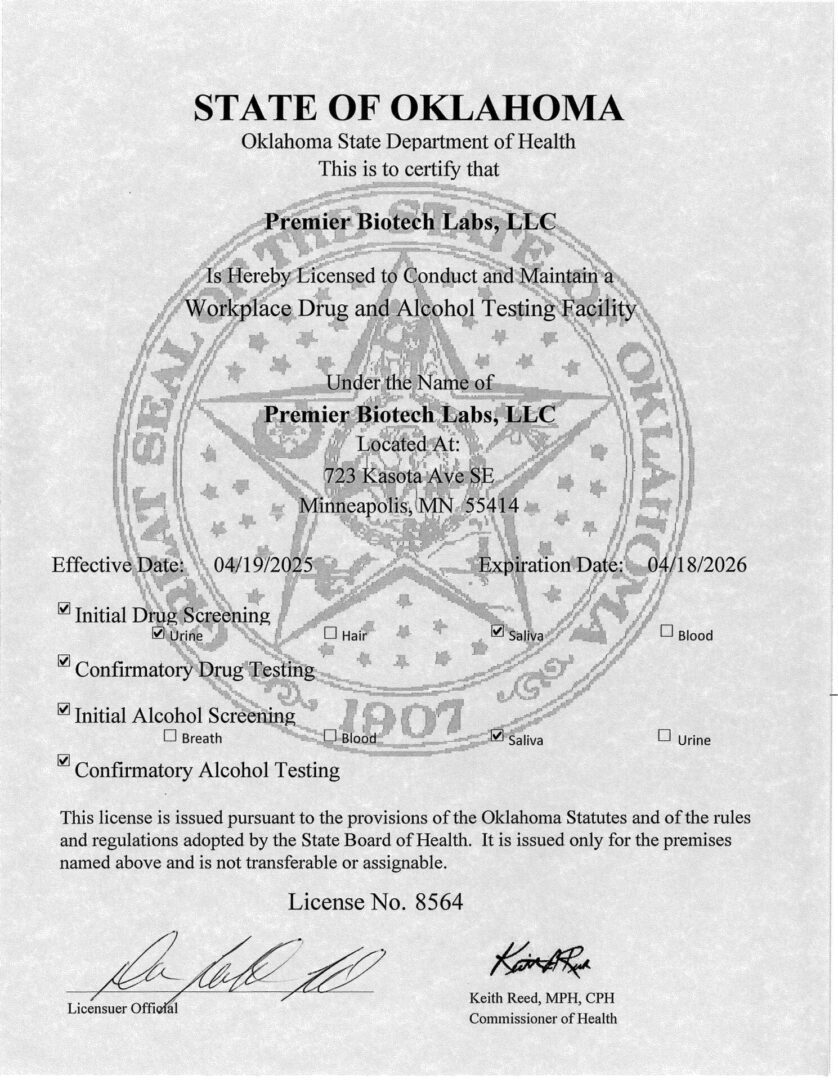 Premier Biotech Oklahoma laboratory license renewal 2025-2026