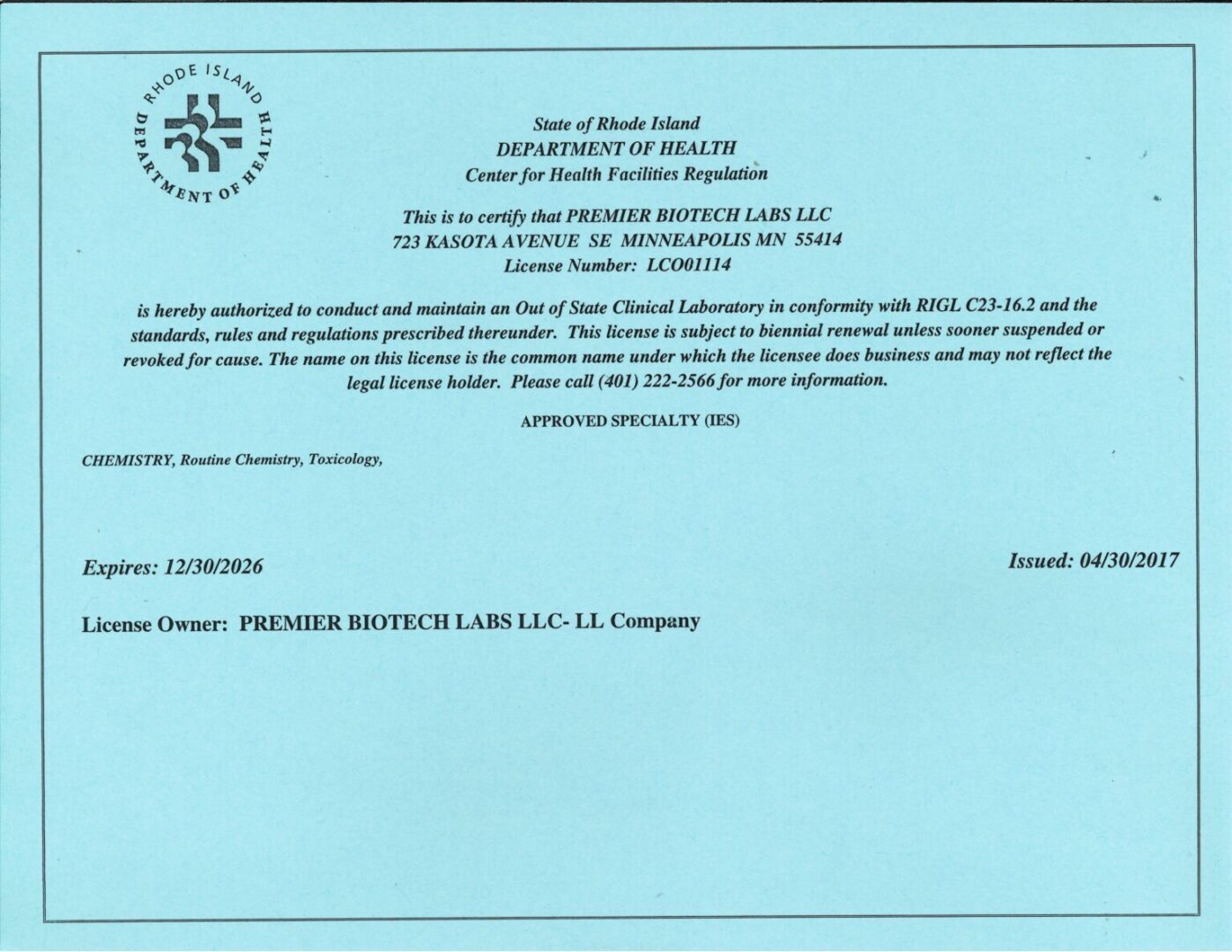 Premier Biotech Rhode Island laboratory license 2026