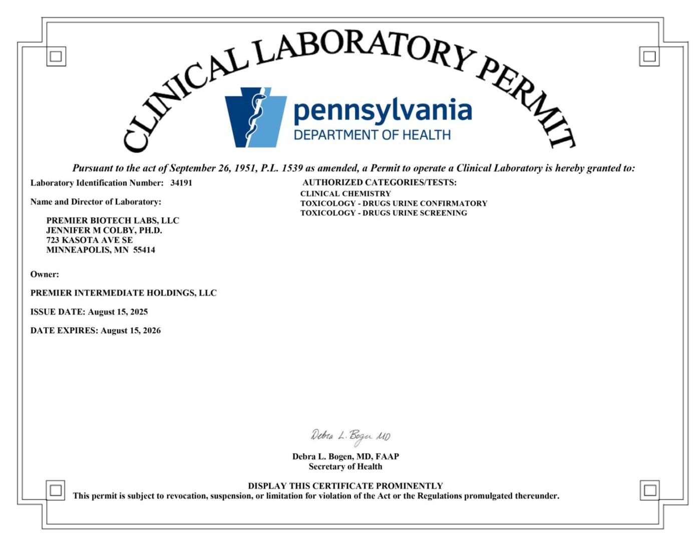 Premier Biotech Pennsylvania laboratory license