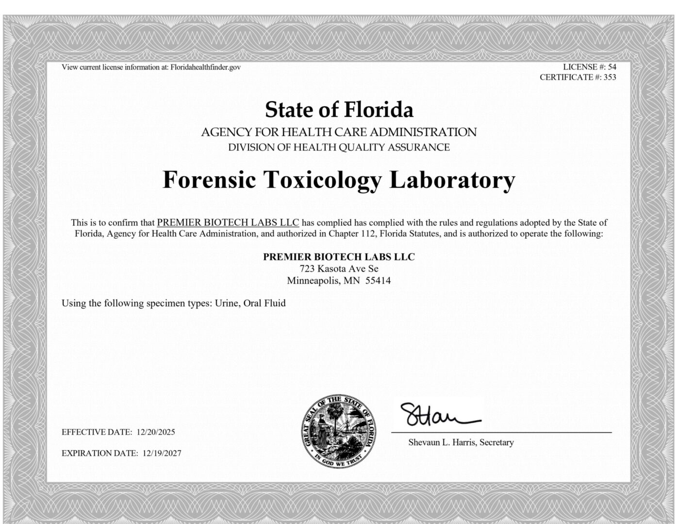 Premier Biotech Labs LLC laboratory license renewal 2025