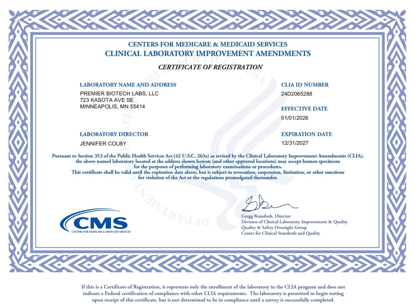 Premier Biotech CLIA certificate of accreditation 2026